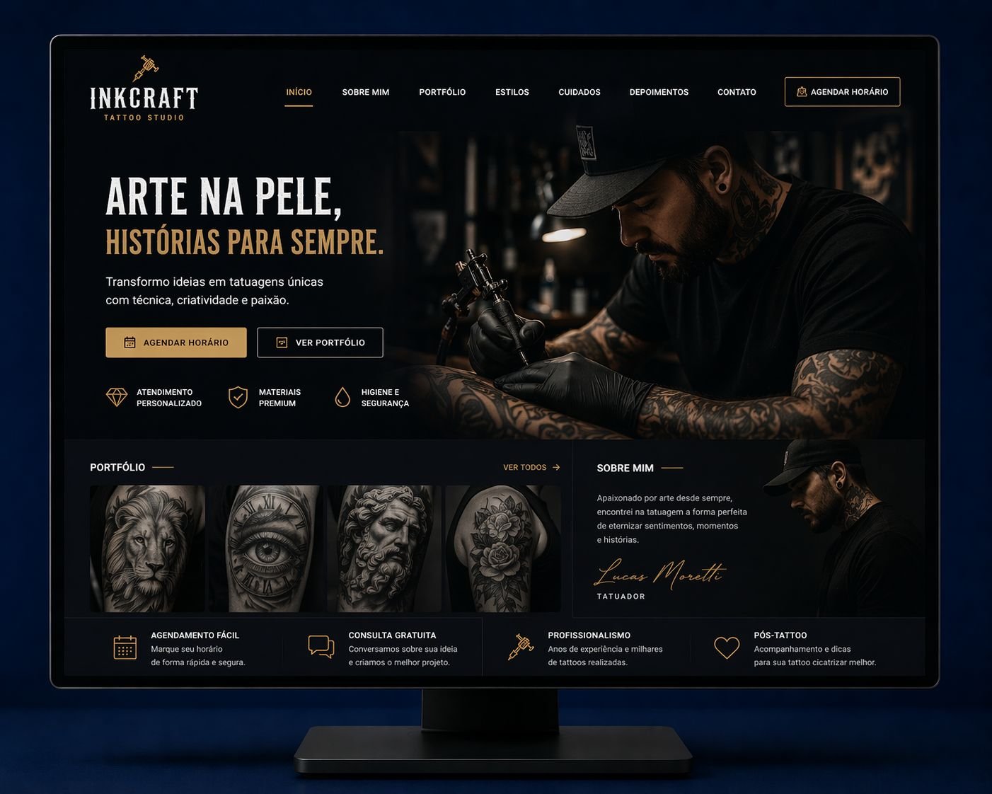 Modelo de site profissional para estúdio de tatuagem com portfólio - TToF Digital